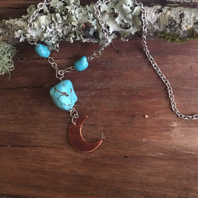 Turquoise and Leather Moon Pendant Necklace