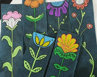 Folk Flower Handpainted Leather Bookmark