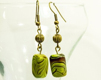 Green Earth Geometric Bronze Dangle Drop Earrings - Organic Wood Earrings