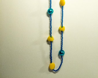 Blue and Yellow Pom Pom Puff Necklace - Sun and Sea Necklace