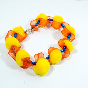 Sunny Bracelet - Little Yellow PomPom Fluffy Bracelet Orange Ribbon Blue Seed Beads