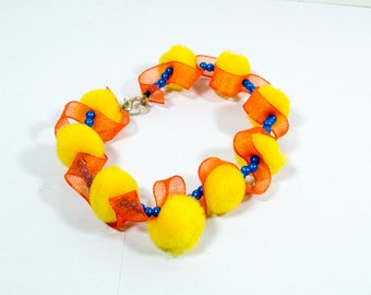 Sunny Bracelet - Little Yellow PomPom Fluffy Bracelet Orange Ribbon Blue Seed Beads