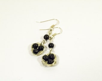 Birds Nest Earrings - Dangle Black and Silver Round Black Beads Earrings