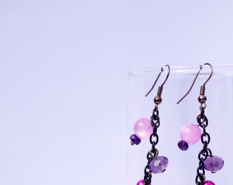 Misty Purple Dream - Violet & Pink Beads, Metal Chain Dangle Earrings