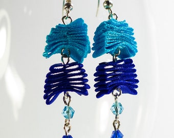 When Ice Melts - Blue Ribbon and Chrystal Earrings