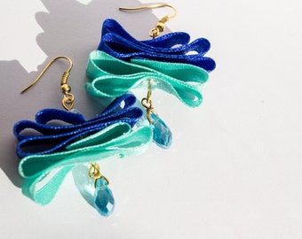 Blue Butterfly - Ocean Blue Ribbon Gold Dangle Drop Earrings