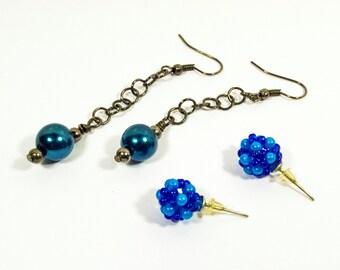 Long Dangle Blue Bead Earrings - Dark Winter Dream