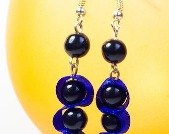 Darkness Melts - Simple Black Beads and Blue Ribbon Earrings