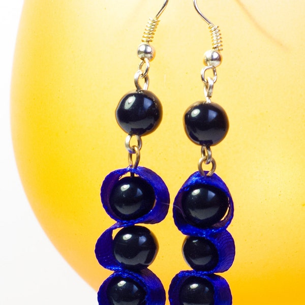 Darkness Melts - Simple Black Beads and Blue Ribbon Earrings