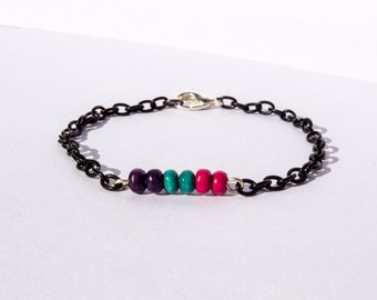 GPP - Green Pink Purple Wood Beads Black Metal Chain Bracelet