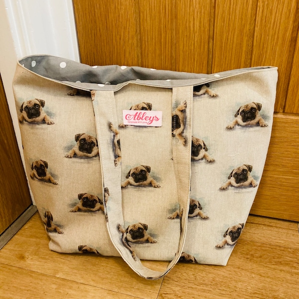 Pug tote bag , large shopping bag, shoulder bag, canvas bag , overnight bag, reusable bag,