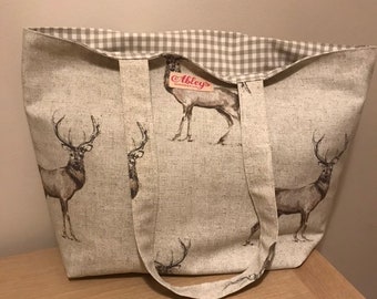 Stag Print Large Tote Bag: Reversible Beige Fabric Shopper