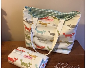 Fox Fabric Tote Bag with Changing Mat, large tote bag, travel change mat Baby Set
