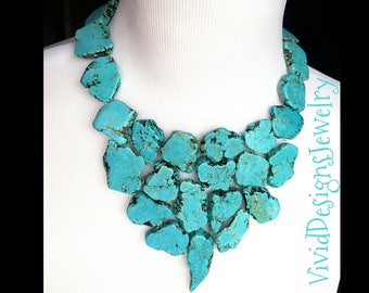 Turquoise Triangle Bib Statement Necklace- Triangle Jewelry- Bib Neclace- Turquoise Stone Bib Jewelry- Statement Necklace Gift for Women