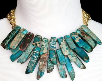 Turquoise Blue Spiked Imperial Jasper Statement Necklace- Stick Bib Necklace- Wedding Necklace- Aqua Blue Necklace- Wedding Necklace