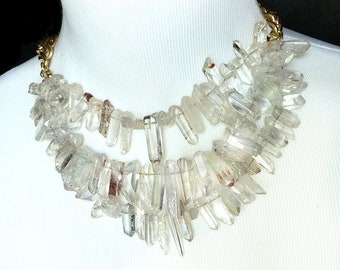 Raw Quartz Crystal Chunky Bib Statement Necklace Birthday Gift for Women- Mom- Layered Necklace- Double Layer Gem Necklace- Tribal Necklace