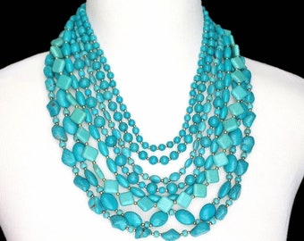 Turquoise Beaded Layered Statement Necklace- 8 Layer Turquoise Bohemian Necklace- Boho Chic Necklace- Multi Strands Necklace- Gift For Her