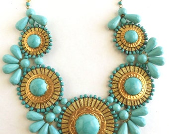 Collar llamativo turquesa - Babero grande, llamativo y único con cuentas gruesas