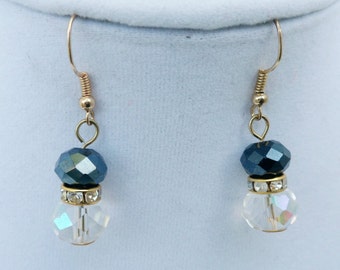 Dangle Briolette Lucite Clear and Black Crystal Statement Earrings