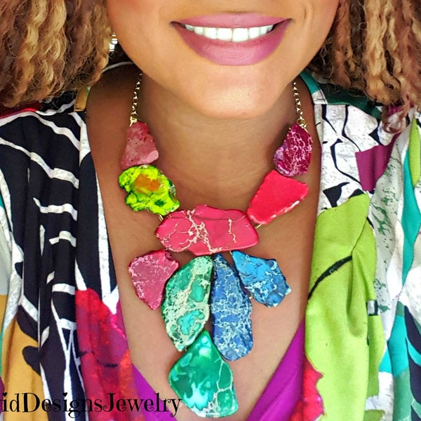 Colorful Geometric Bib Necklace & Statement Earrings