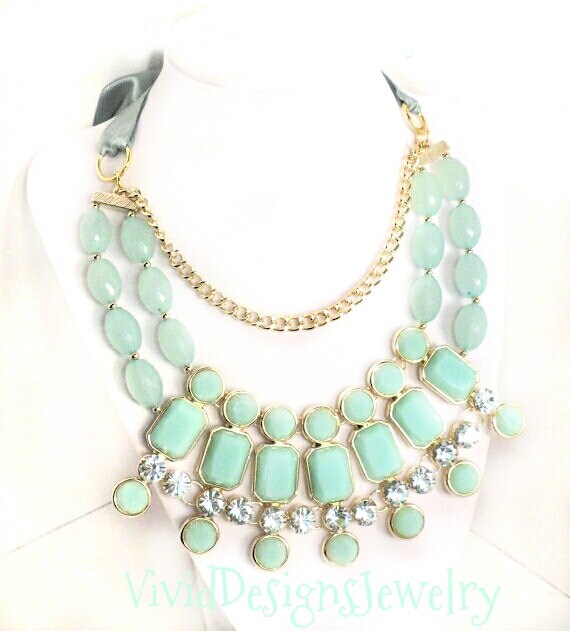 Seafoam Green Statement Necklace Mint Briolette Big Chunky Bib