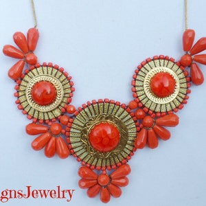 Coral Orange Bib Statement Necklace -  Bold Chunky Tribal Style Statement Necklace - Bubble Necklace