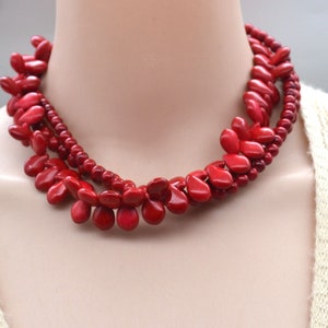 red turquoise necklace,Chunky 3 rows turquoise necklace,multi strand statement necklace stone necklace,Red Ruby turquoise statement jewelry