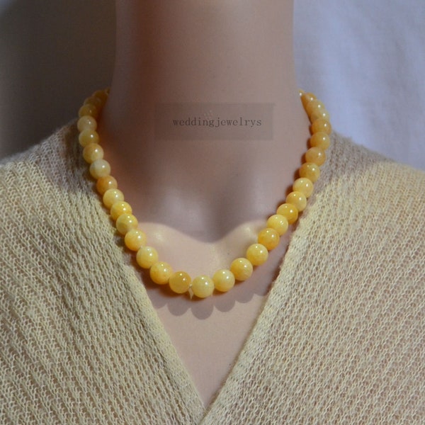 10mm light yellow jade necklace,round Goldline Jade beadsJewelry,Women Necklace Bridesmaid Gifts,single strand warm jade beaded necklace,jad