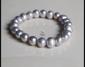 Bracelet de perles d'eau douce grises de 8 à 9 mm, bracelet femme, bracelet gris,,, bracelet de perles véritables, bracelet élastique