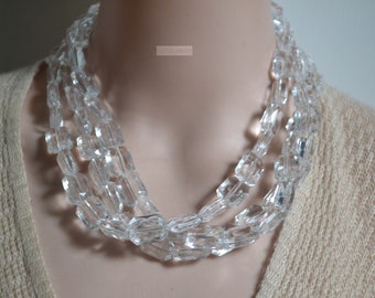 Chunky clear necklace, three strand clear bead necklace, clear beaded necklace, clear beads, statement jewelry