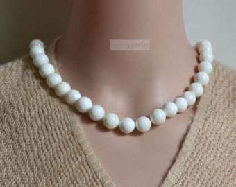 pure white beads necklace, 12mm white shell Necklace for men and women,single strand white mother of pearl necklace