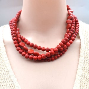 red turquoise necklace,Chunky 4 rows turquoise necklace,multi strand statement necklace stone necklace,Red Ruby turquoise statement jewelry