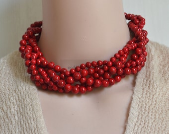 Rot Türkis Halskette, handgemachte Chunky Red Rubin Türkis Halskette, Multi Strand Statement Schmuck, 5 reihige Halskette, Brautjungfer Halskette, Geschenk
