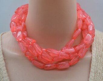 Collier de grosses perles acryliques roses fait main, bijoux tendance à plusieurs rangs