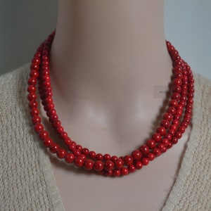 red turquoise necklace,Chunky 3 rows turquoise necklace,multi strand statement necklace stone necklace,Red Ruby turquoise statement jewelry