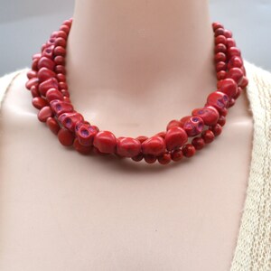 red turquoise necklace,Chunky 3 rows turquoise necklace,multi strand statement necklace stone necklace,Red Ruby turquoise statement jewelry