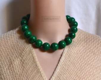 Große Malachit Kette, 20 mm grüne Perlenkette, Malachit Choker, Brautjungfer Kette, Geschenk für Sie, Hochzeitsschmuck