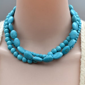 turquoise necklace,Chunky 3 rows turquoise necklace,multi strand statement necklace stone necklace,turquoise statement jewelry,gift necklace