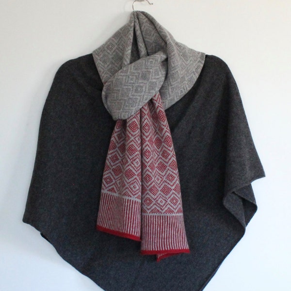 Scarf Scandinavian style knitted scandi pattern scarf soft merino lambswool in berry red, uniform grey and pearl grey