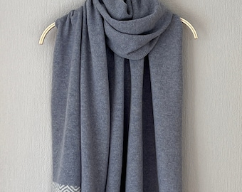Shawl scarf wrap soft merino lambswool smoke blue with natural white tile pattern
