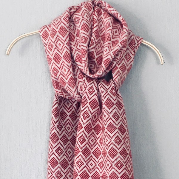 Scarf - soft merino lambswool Scandi pattern scarf in berry red and cream