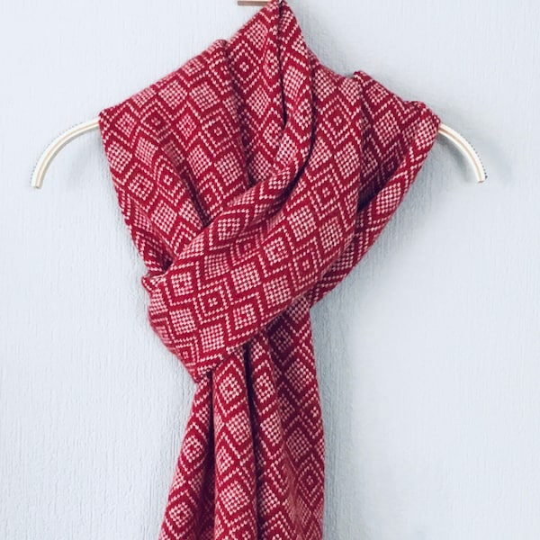 Scarf - soft merino lambswool Scandi scarf fair isle pattern berry red and natural white