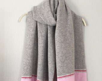 Shawl Scarf wrap luxuriously soft merino lambswool pearl grey with blush pink border MADE TO ORDER