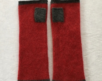 Mittens fingerless mitts knitted wool with contrast trim