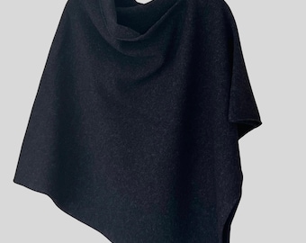 70s Vintage Black Wool Shawl Poncho Cape Brown Fur Trim Cape