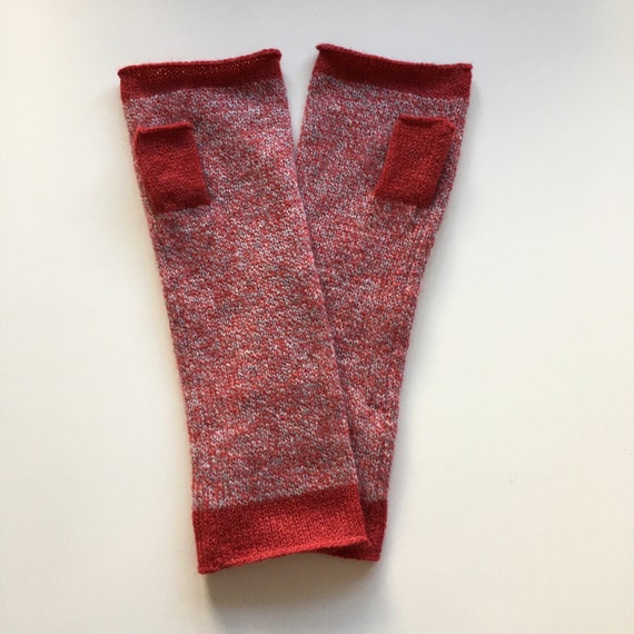 Mittens - fingerless super soft lambswool mittens marled berry red and silver grey with contrast trim