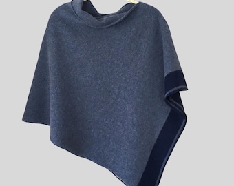 Poncho denim blue with indigo blue border merino lambswool