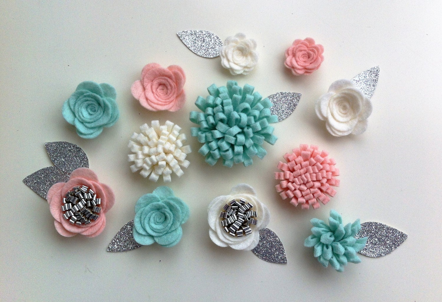 12 Hand Made Blush 3d Felt Flowers/roses & Glitter Leaves. Etsy UK