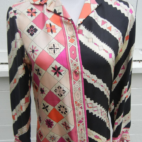 Vintage Emilio Pucci Pink & Black 1960s Silk Blouse