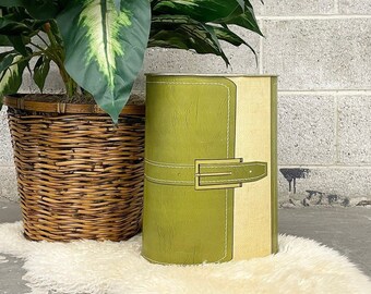 1950s 60s Vintage Mid Century Retro Brown Wood Panel Gold Metal Garbage Trash Waste Can Basket Home Office Living Decor Organization Recycle